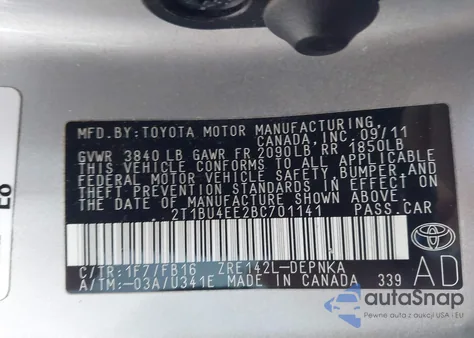 2011 Toyota Corolla Le z USA, uszkodzony, nr VIN 2T1BU4EE2BC701141